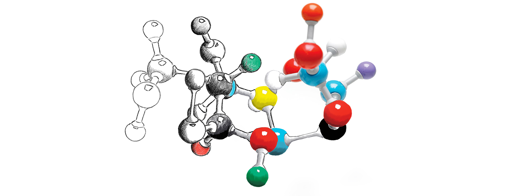 Molecola disegnata con diverse tecniche pittoriche